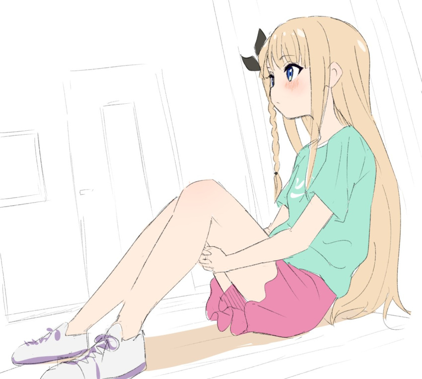 1girl blonde_hair blue_eyes blush braid closed_mouth copyright_request from_side green_shirt hugging_own_legs long_hair pink_shorts purple_footwear shirt shoes short_shorts short_sleeves shorts side_braid sincos sitting solo