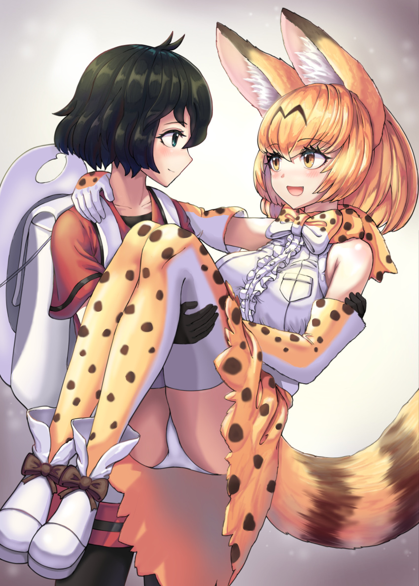 2girls absurdres animal_ears arm_around_neck ass black_eyes black_gloves black_hair blush bow bowtie breast_pocket breasts carrying closed_mouth collarbone elbow_gloves eyebrows_visible_through_hair gloves highres kaban_(kemono_friends) kemono_friends large_breasts looking_at_another multicolored_bowtie multicolored_clothes multicolored_gloves multicolored_legwear multiple_girls neukkom open_mouth orange_bow orange_bowtie orange_eyes orange_gloves orange_hair orange_legwear orange_skirt panties pantyshot pocket princess_carry serval_(kemono_friends) serval_print shirt short_hair skirt sleeveless sleeveless_shirt smile tail thigh-highs underwear wavy_hair white_bow white_bowtie white_gloves white_legwear white_panties