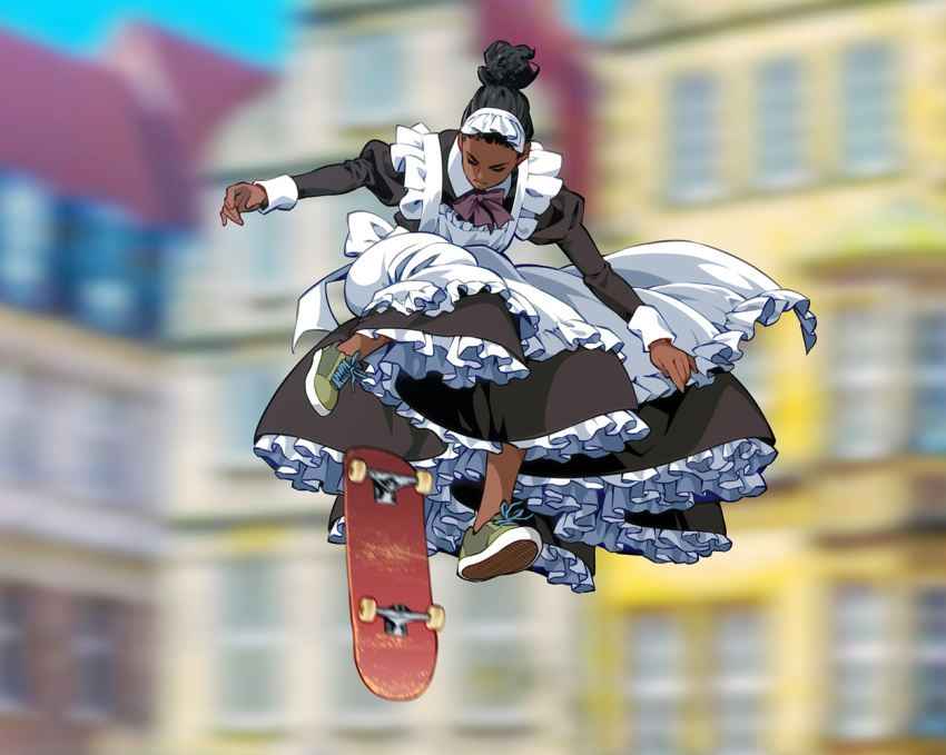 1girl apron black_hair dark-skinned_female dark_skin dress english_commentary frilled_apron frilled_dress frills jumping long_dress maid maid_apron maid_headdress midair no_socks original shoes skateboard skateboarding sneakers solo suzushiro_(suzushiro333) town