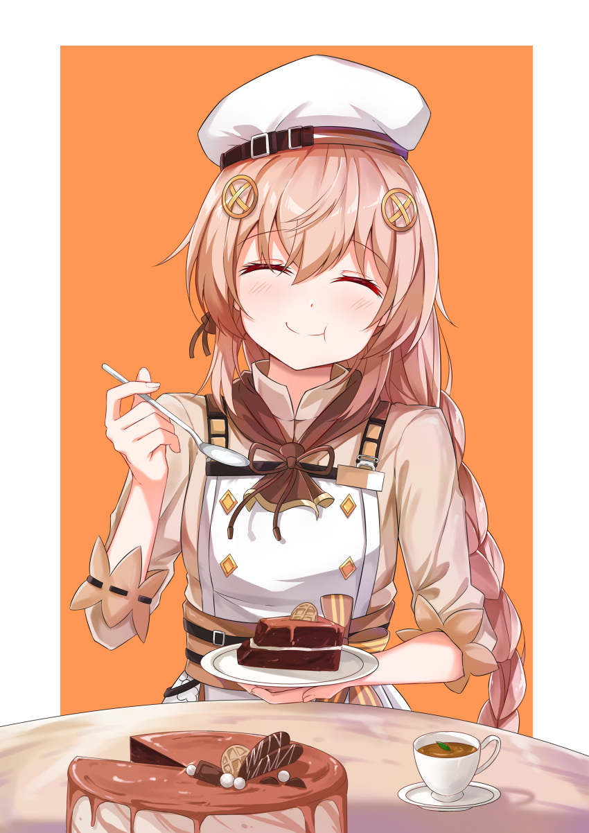 1girl absurdres bangs blonde_hair blush braid braided_ponytail breasts brown_dress cake chocolate closed_eyes closed_mouth cup dress eyebrows_visible_through_hair fnc_(girls'_frontline) food girls_frontline hair_ornament hairclip highres holding holding_cake holding_food holding_plate holding_spoon long_hair plate ransei48 simple_background sitting smile solo spoon table teacup wall white_headwear
