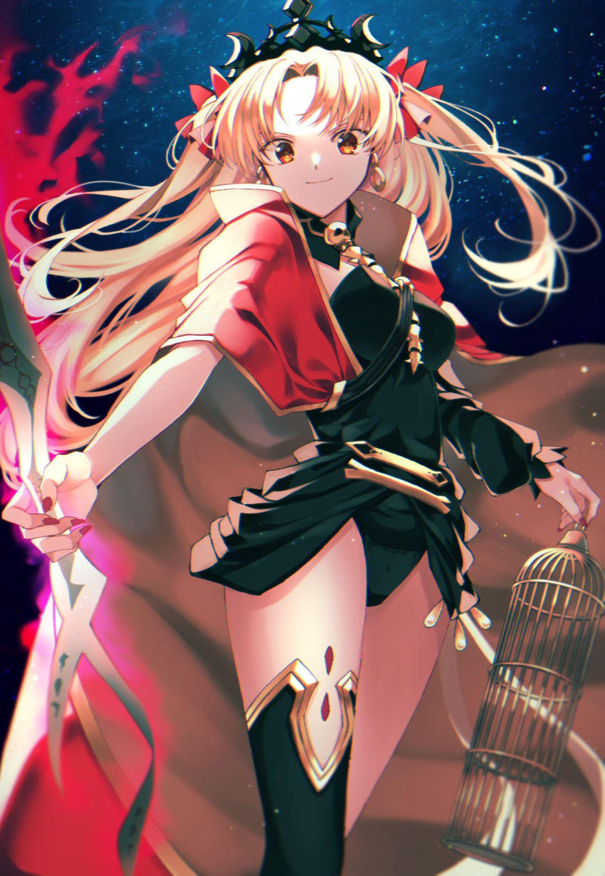 1girl absurdres black_background black_clothes blonde_hair breasts cloak earrings ereshkigal_(fate) fate/grand_order fate_(series) highres hoop_earrings jewelry leotard looking_at_viewer medium_breasts red_cloak red_eyes red_nails single_thighhigh skull smile solo spece_ponta starry_background thigh-highs thighs