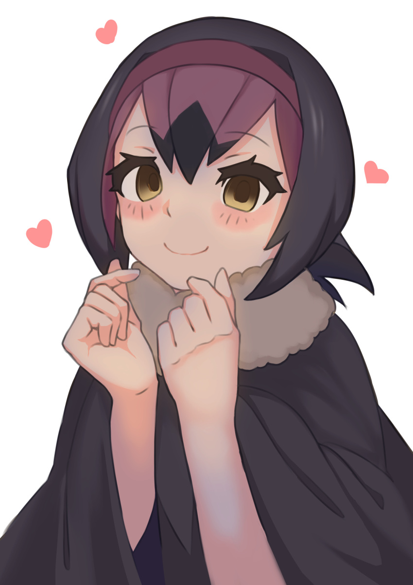 1girl black_hair blush brush closed_mouth dodo_(kemono_friends) empty_eyes eyebrows_visible_through_hair fur_collar hair_between_eyes hair_ornament hairband heart heart_hands highres kemono_friends multicolored_hair partygas pink_hair poncho red_hairband short_hair smile solo two-tone_hair white_background