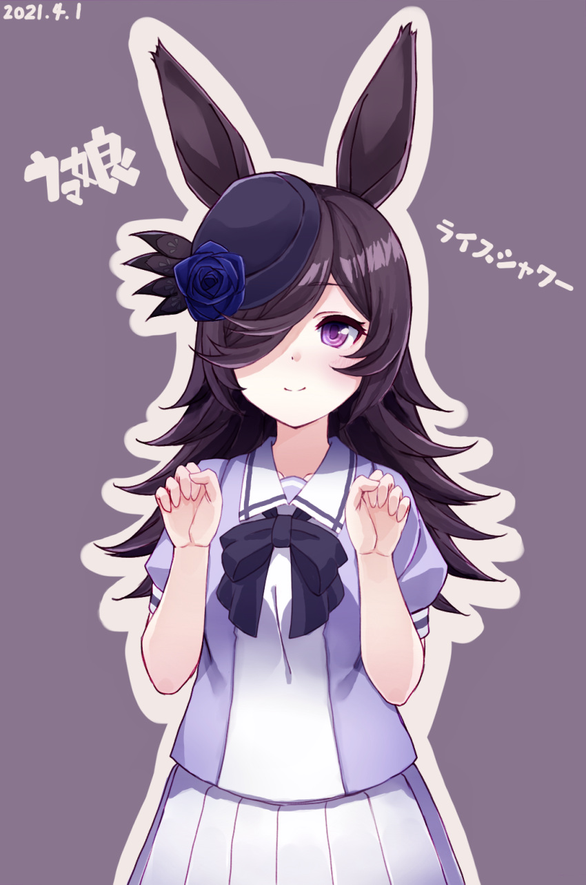 1girl 2021 animal_ears black_bow black_hair black_headwear blue_flower blue_rose bow character_name closed_mouth collarbone dated flower hachikuji hair_over_one_eye hands_up hat hat_flower highres horse_ears long_hair mini_hat outline puffy_short_sleeves puffy_sleeves purple_background purple_pupils rice_shower_(umamusume) rose school_uniform short_sleeves smile solo split_mouth tracen_school_uniform umamusume violet_eyes white_outline