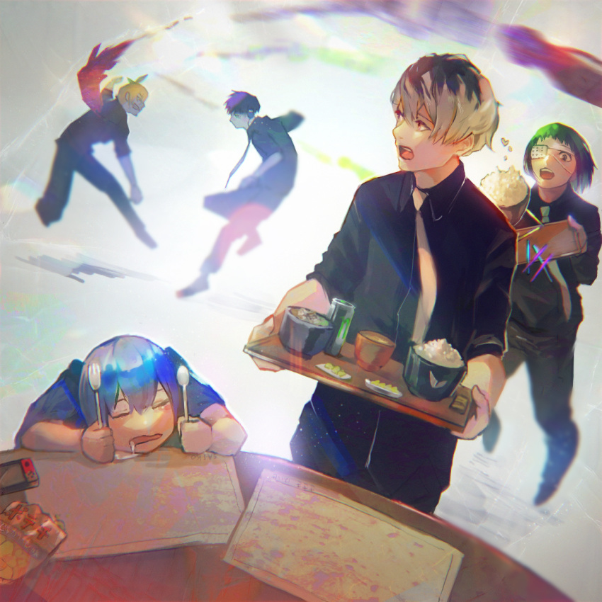 2girls 3boys antenna_hair bag bangs black_hair black_pants black_shirt blonde_hair blue_hair bowl chopsticks drooling fighting fork glass green_hair grey_background grey_eyepatch grey_hair grey_necktie highres holding holding_fork holding_spoon kagune_(tokyo_ghoul) kyuuba_melo looking_to_the_side multiple_boys multiple_girls mutsuki_tooru necktie nintendo_switch pants plate puffy_short_sleeves puffy_sleeves rice sasaki_haise shiny shiny_hair shirazu_ginshi shirt short_hair short_sleeves spoon teeth tokyo_ghoul tokyo_ghoul:re tripping upper_body urie_kuki yonebayashi_saiko