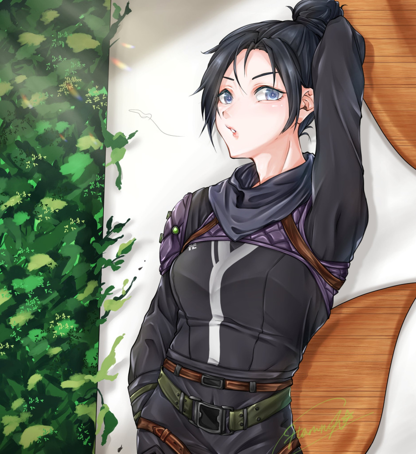 1girl animification apex_legends bangs black_bodysuit black_hair black_scarf bodysuit breasts grey_eyes hair_behind_ear hair_bun harurun_(8harurun23) head_tilt highres leaf looking_at_viewer medium_breasts parted_bangs parted_lips scarf signature solo wraith_(apex_legends)