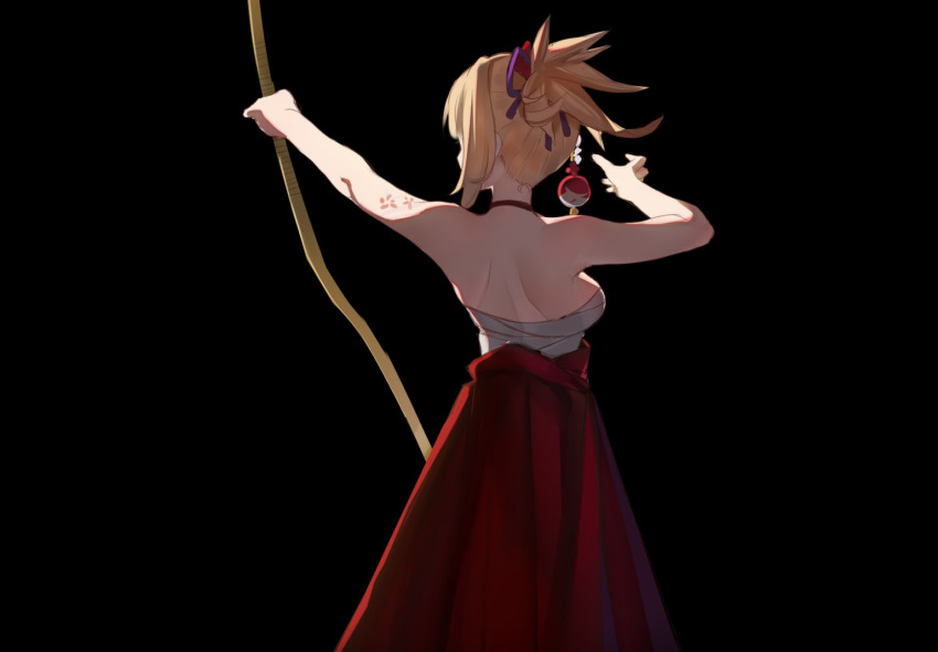 1girl aiming arm_tattoo back backboob bare_arms bare_back bare_shoulders black_background blonde_hair breasts choker crossbow dress earrings from_behind genshin_impact holding holding_crossbow holding_weapon japanese_clothes jewelry miko red_dress sarashi simple_background tattoo terebi_(shimizu1996) tied_hair weapon yoimiya_(genshin_impact)