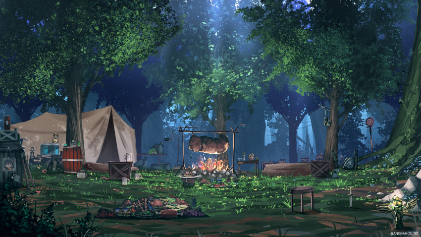 anonamos arrow_(projectile) barrel beer_mug campfire camping cup food forest grass gun headwear_removed helmet helmet_removed highres kill_la_kill matoi_ryuuko mug nature no_humans original planted rotisserie scenery target tent tree twitter_username weapon