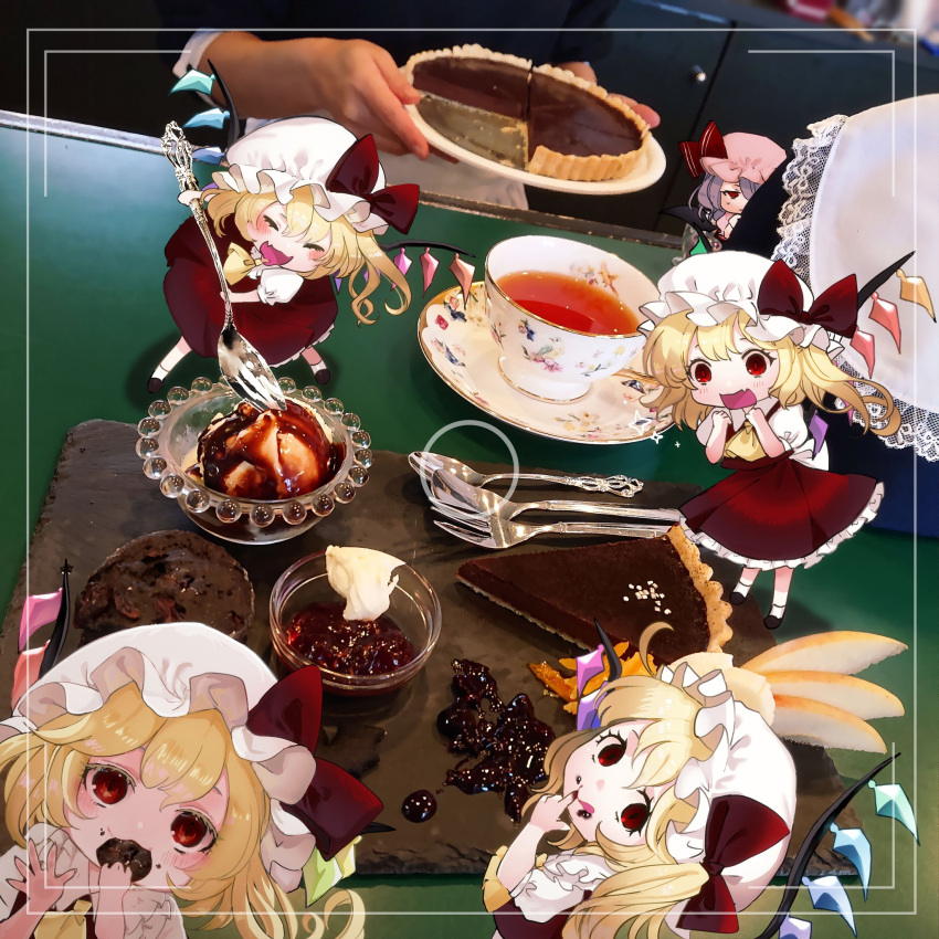 1other 5girls artist_self-insert bat_wings bow cake cake_slice crystal eating fangs flandre_scarlet food food_in_mouth food_on_face fork hat highres looking_at_viewer mob_cap mochacot multiple_girls one_side_up open_mouth peeking red_bow red_eyes red_skirt red_vest remilia_scarlet short_hair shy siblings sisters skirt skirt_set spoon spork table tart_(food) touhou vest wings