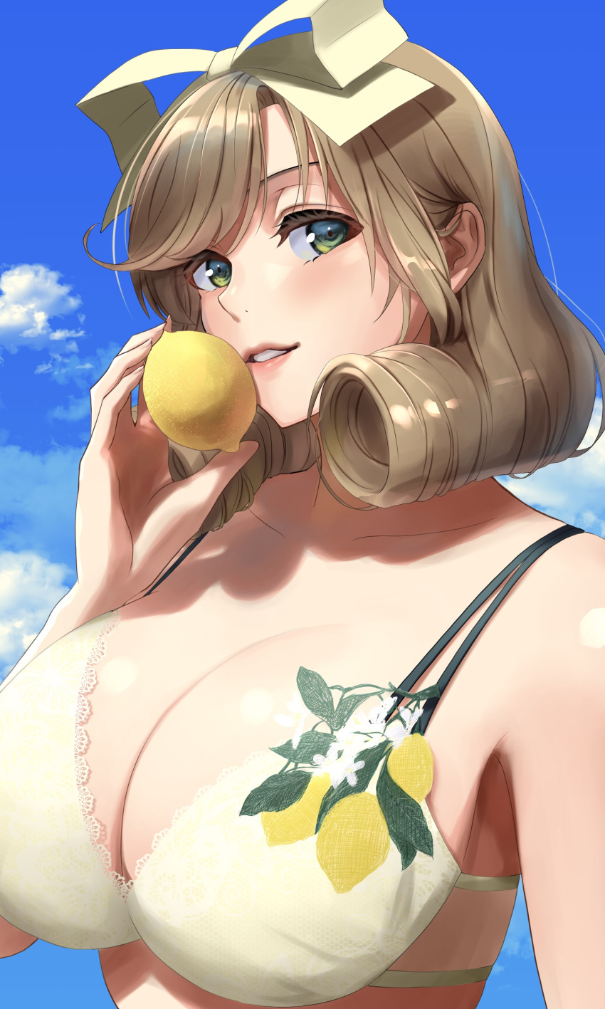 1girl absurdres bangs bikini blue_sky breasts brown_hair clouds cloudy_sky collarbone commentary_request curly_hair day food fruit green_eyes hair_ribbon haruka_(senran_kagura) highres holding holding_food holding_fruit large_breasts lemon lemonrou looking_at_viewer outdoors parted_lips ribbon senran_kagura senran_kagura_estival_versus senran_kagura_shinovi_versus sky smile solo swimsuit upper_body white_bikini