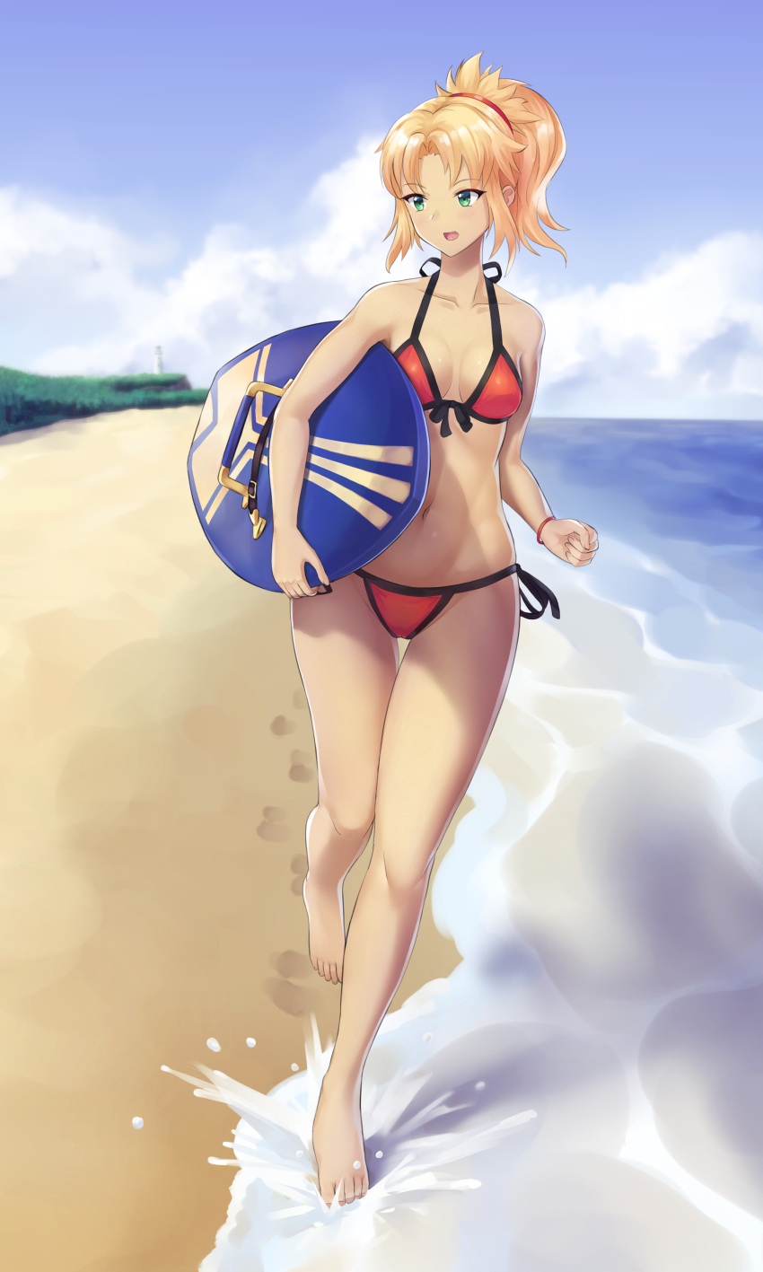 1girl absurdres barefoot beach bikini blue_sky blush bracelet breasts buruma clouds collarbone fate/grand_order fate_(series) footprints forest green_eyes groin hair_ornament hair_scrunchie halterneck highres horizon jewelry lighthouse looking_to_the_side mordred_(fate) mordred_(fate/apocrypha) mordred_(swimsuit_rider)_(fate) nature open_mouth ponytail prydwen_(fate) red_bikini red_scrunchie sand scrunchie shore sky small_breasts solo splashing swimsuit thigh_gap warmcummies water