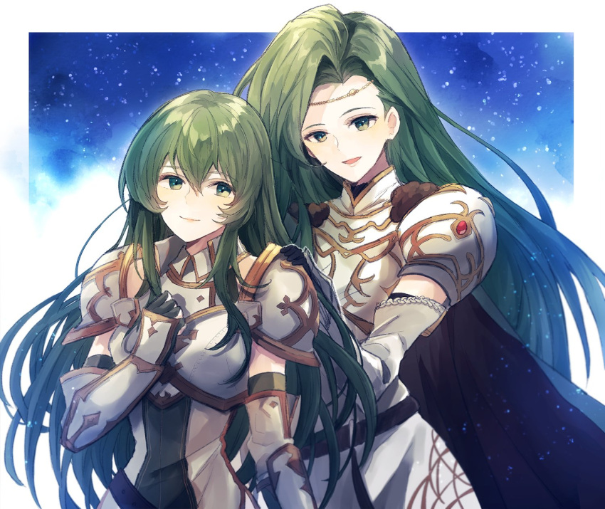 2girls annand_(fire_emblem) armor bangs black_gloves breastplate elbow_gloves erinys_(fire_emblem) fantasy fire_emblem fire_emblem:_genealogy_of_the_holy_war gloves green_eyes green_hair hair_behind_ear hand_on_own_chest hands_on_another's_shoulders headband highres kro looking_at_viewer multiple_girls open_mouth smile