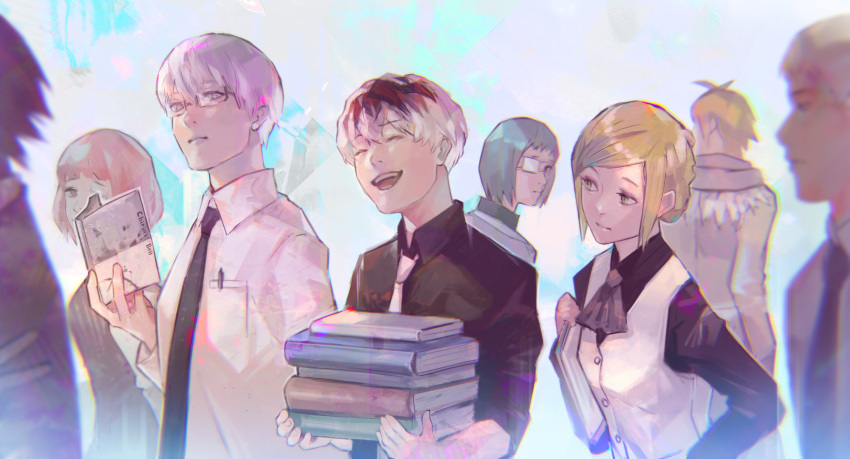 3girls 4boys :d antenna_hair arima_kishou ascot bangs black_necktie black_shirt blonde_hair book book_stack character_request closed_eyes closed_mouth collared_shirt commentary_request glasses green_hair grey_background grey_necktie hairu_ihei hand_up highres holding holding_book kyuuba_melo long_sleeves mado_akira multicolored_hair multiple_boys multiple_girls mutsuki_tooru necktie open_book pen pink_hair sasaki_haise shiny shiny_hair shirazu_ginshi shirt short_hair smile teeth tokyo_ghoul tokyo_ghoul:re two-tone_hair upper_teeth vest white_eyepatch white_shirt white_vest
