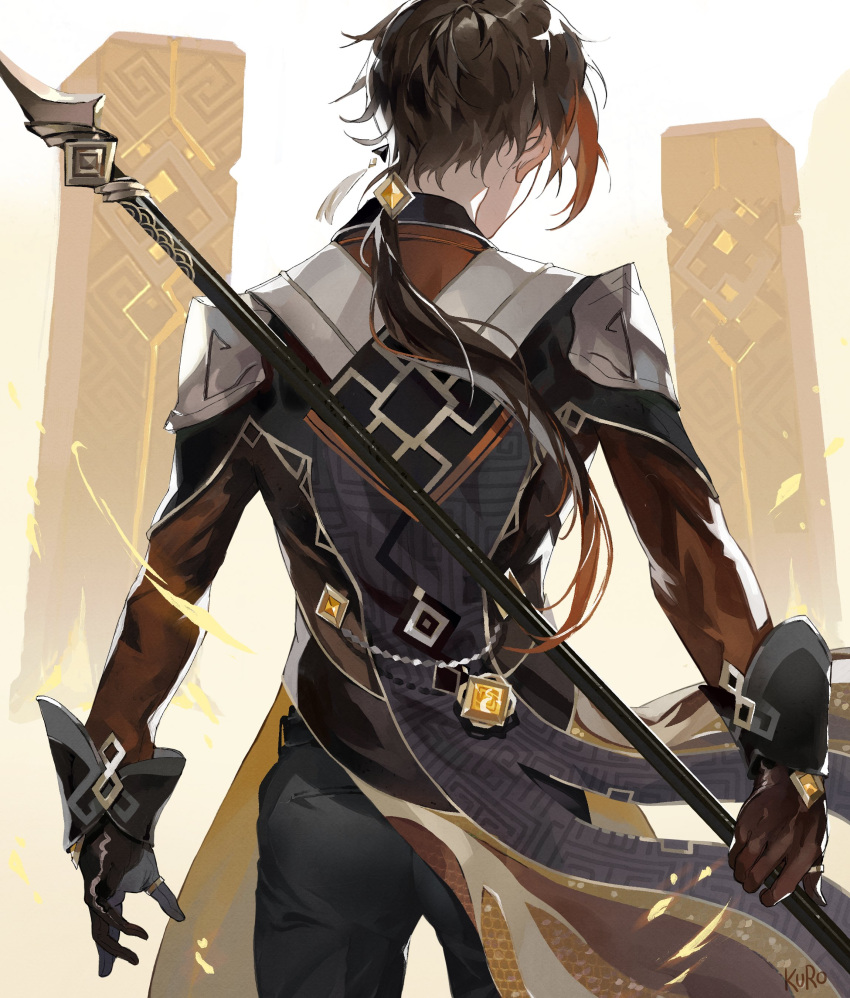 1boy absurdres bangs black_gloves brown_hair coattails commentary earrings english_commentary formal from_behind genshin_impact gloves gradient_hair hair_between_eyes hair_tie highres holding holding_polearm holding_weapon jacket jewelry kuroshirox long_hair long_sleeves male_focus multicolored_hair orange_hair polearm ponytail single_earring solo stele suit tassel tassel_earrings thumb_ring vision_(genshin_impact) weapon white_background zhongli_(genshin_impact)