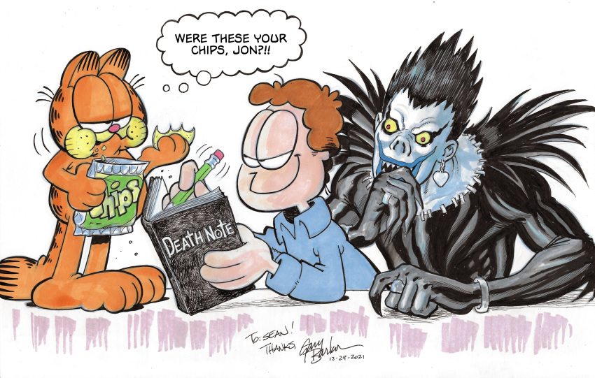 2boys absurdres animal_ears black_hair book brown_hair cat cat_ears cat_tail collarbone crossover dated death_note death_note_(object) eating english_commentary garfield garfield_(character) gary_barker hair_behind_ear highres holding holding_book holding_pencil jon_arbuckle marker_(medium) multiple_boys pencil ryuk shinigami signature smile standing tail thought_bubble traditional_media whiskers white_background