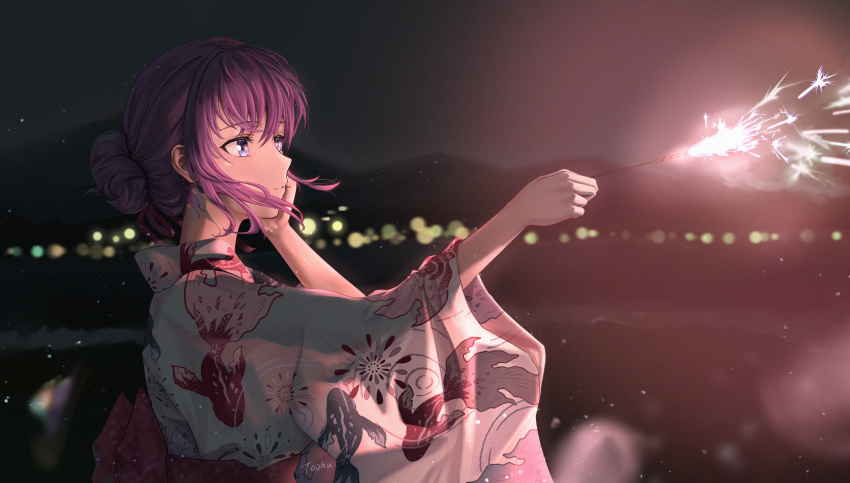 1girl absurdres animal_print bangs blue_eyes bow commentary_request eyebrows_visible_through_hair fate/stay_night fate_(series) fireworks fish_print from_side hair_bun hand_on_own_cheek hand_on_own_face hands_up heaven's_feel highres japanese_clothes kimono large_bow lens_flare long_sleeves matou_sakura night print_kimono purple_bow purple_hair see-through_silhouette solo sparkler tooku0 upper_body white_kimono wide_sleeves