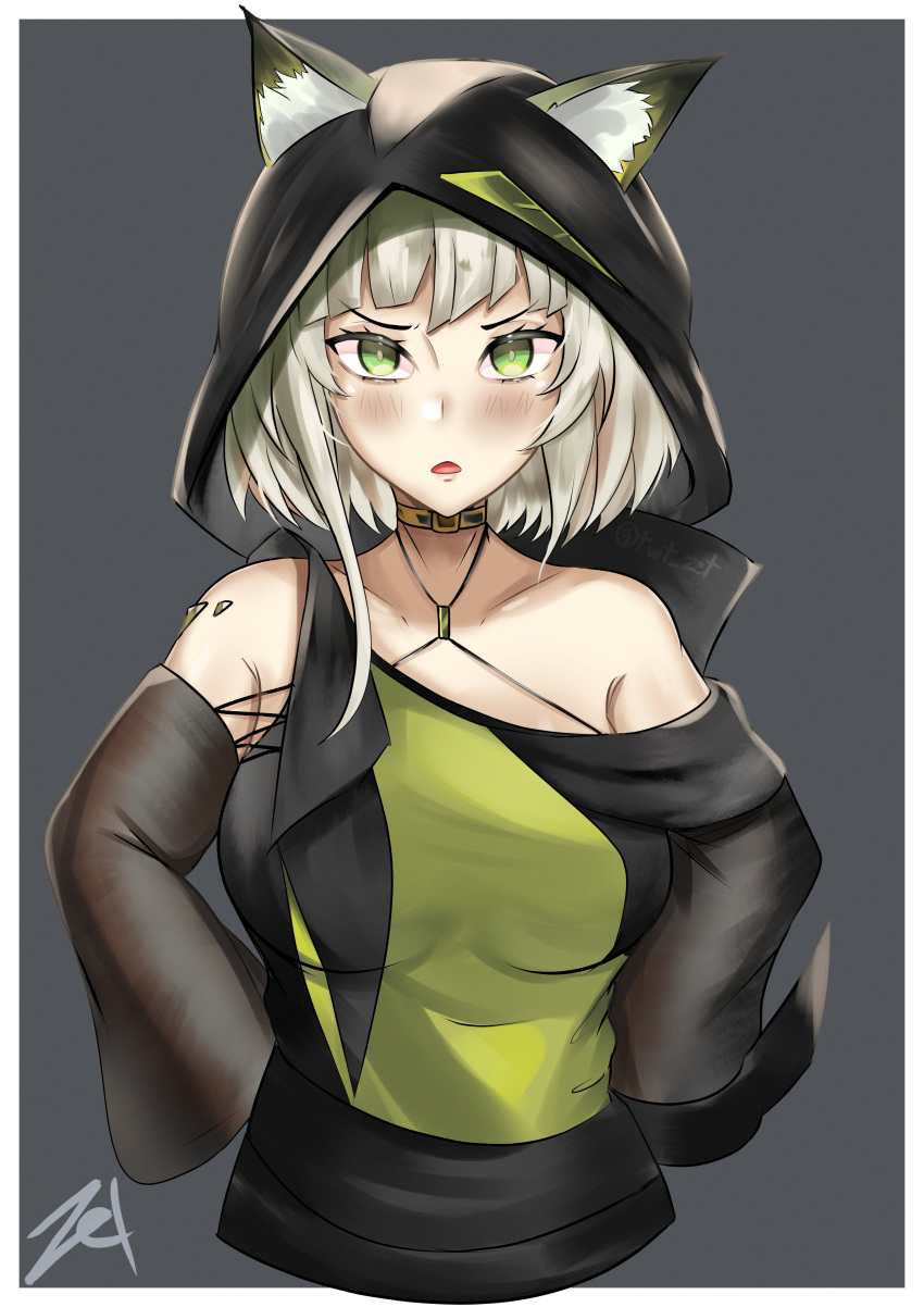 1girl absurdres animal_ears arknights breasts cat_ears cat_girl cat_tail collarbone commission eyebrows_visible_through_hair green_eyes hands_on_hips highres hood hood_up kal'tsit_(arknights) long_sleeves looking_at_viewer medium_breasts parted_lips silver_hair sleeves_past_wrists solo tail upper_body zet_(twt_zet)