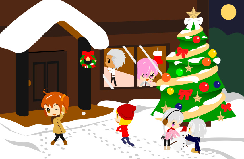 1boy 6+girls blush bow brown_coat character_request christmas christmas_tree christmas_wreath coat cobalta dark-skinned_male dark_skin earmuffs eyebrows_visible_through_hair fate/grand_order fate_(series) fujimaru_ritsuka_(female) glasses grey_hair hair_over_one_eye highres long_hair looking_at_another mash_kyrielight moon multiple_girls one_eye_closed open_mouth orange_hair paul_bunyan_(fate) pink_hair red_bow red_scarf scarf short_hair short_ponytail side_ponytail smile snow snowball snowman tree violet_eyes window
