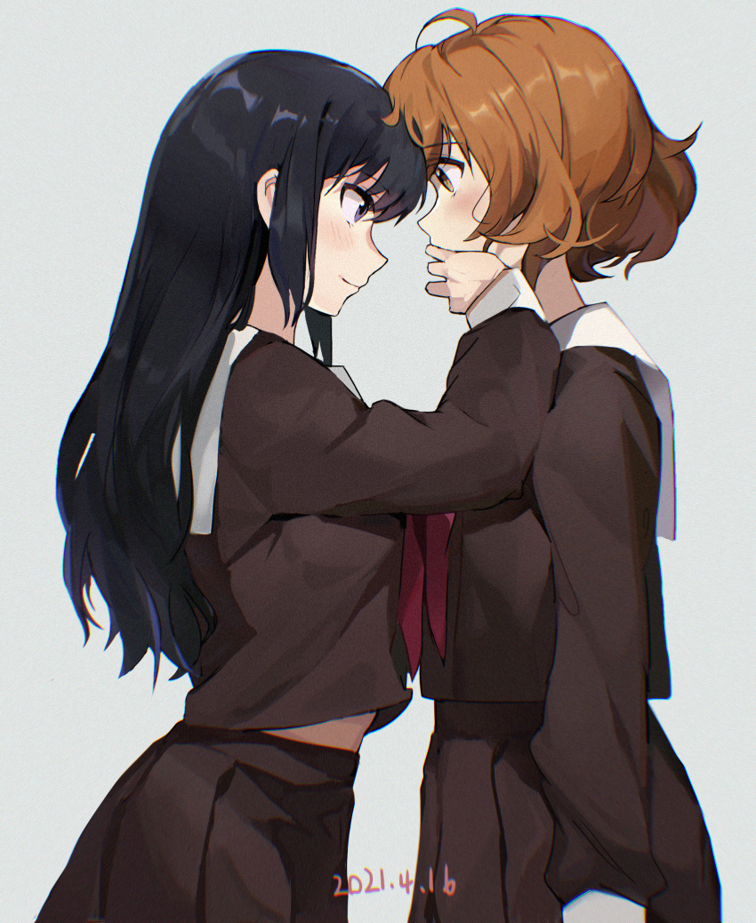 2girls absurdres ahoge bangs black_hair blush brown_blouse brown_eyes brown_skirt commentary_request covering_mouth dated eye_contact grey_background hand_over_another's_mouth hand_up hibike!_euphonium highres kousaka_reina kuza_brs long_hair long_sleeves looking_at_another multiple_girls neckerchief orange_hair oumae_kumiko pleated_skirt profile red_neckerchief sailor_collar school_uniform short_hair simple_background skirt sleeve_cuffs violet_eyes white_sailor_collar yuri