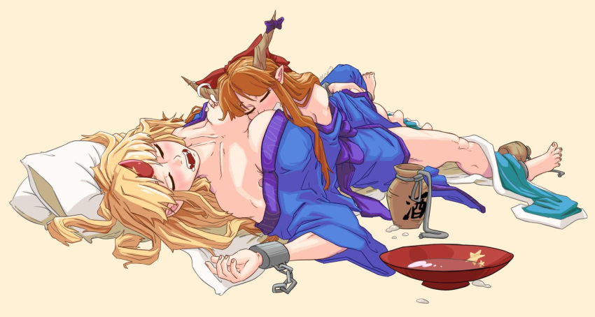 2girls alcohol bangs barefoot between_breasts blonde_hair blue_kimono bow breasts chain closed_eyes commentary cuffs cup english_commentary face_between_breasts full_body grunt_(tnurg) hair_bow head_between_breasts horn_bow horn_ornament horns hoshiguma_yuugi hoshiguma_yuugi_(promo) ibuki_suika japanese_clothes jug kimono large_breasts long_hair multiple_girls off-shoulder_kimono official_alternate_costume open_mouth orange_hair pillow pointy_ears purple_bow red_bow sakazuki sake signature simple_background single_horn sleeping star_(symbol) touhou yellow_background