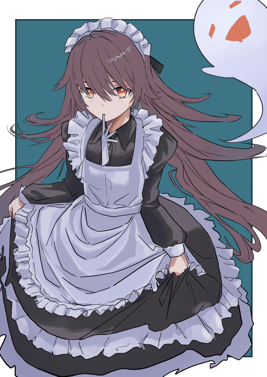 1girl absurdres alternate_costume apron brown_hair chinese_commentary closed_mouth commentary_request curtsey enmaided frilled_apron frills genshin_impact glove_in_mouth gloves gloves_removed gradient_eyes hair_between_eyes highres hitodama hu_tao_(genshin_impact) light_blush long_hair looking_at_viewer maid maid_headdress mouth_hold multicolored_eyes red_eyes simple_background skirt_hold solo star-shaped_pupils star_(symbol) symbol-shaped_pupils white_apron white_gloves yunkkker