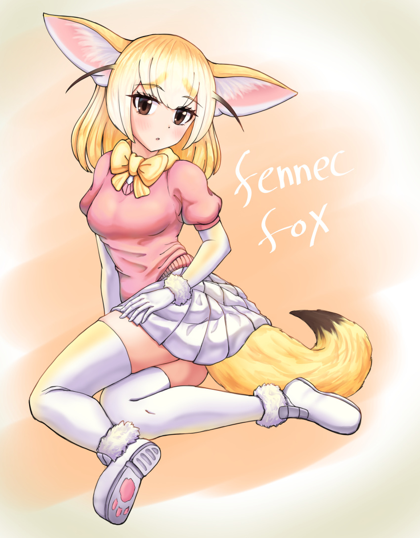 1girl absurdres animal_ears blonde_hair bow bowtie brown_eyes character_name elbow_gloves eyebrows_visible_through_hair fennec_(kemono_friends) fox_ears fox_girl fox_tail gloves gradient_hair highres kemono_friends looking_at_viewer multicolored_hair neukkom pleated_skirt shoes short_hair skirt sneakers solo tail thigh-highs white_footwear white_gloves white_hair white_legwear white_skirt yellow_bow yellow_bowtie