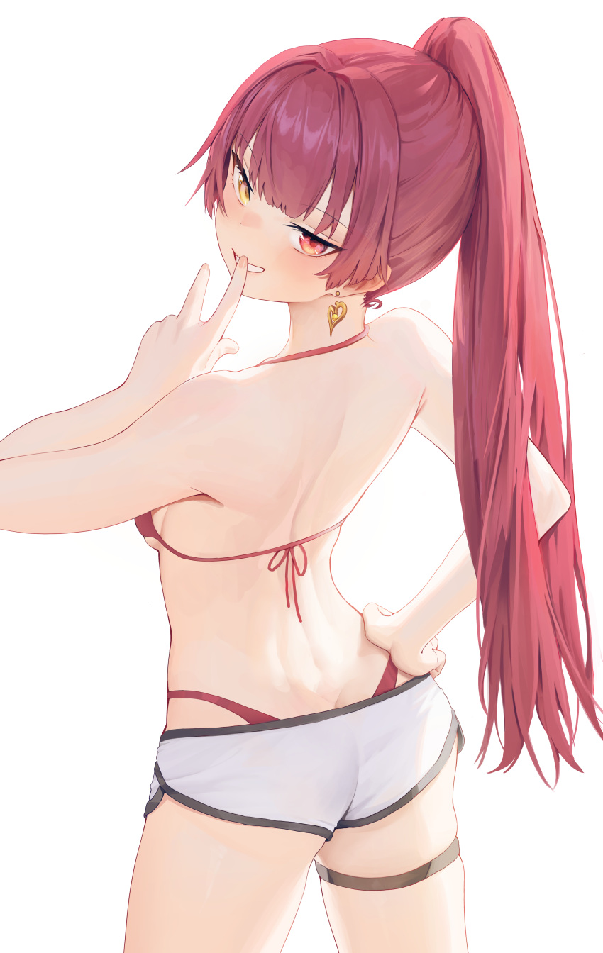 1girl absurdres ass bangs bare_arms bare_back bikini blush breasts commentary cowboy_shot earrings eyebrows_visible_through_hair from_behind grin halter_top halterneck hand_on_hip hand_up heart heart_earrings heterochromia highleg highleg_bikini highres hololive houshou_marine jewelry long_hair looking_at_viewer micro_shorts ponytail red_bikini red_eyes redhead ritae shorts simple_background smile solo standing swimsuit very_long_hair virtual_youtuber white_background white_shorts yellow_eyes