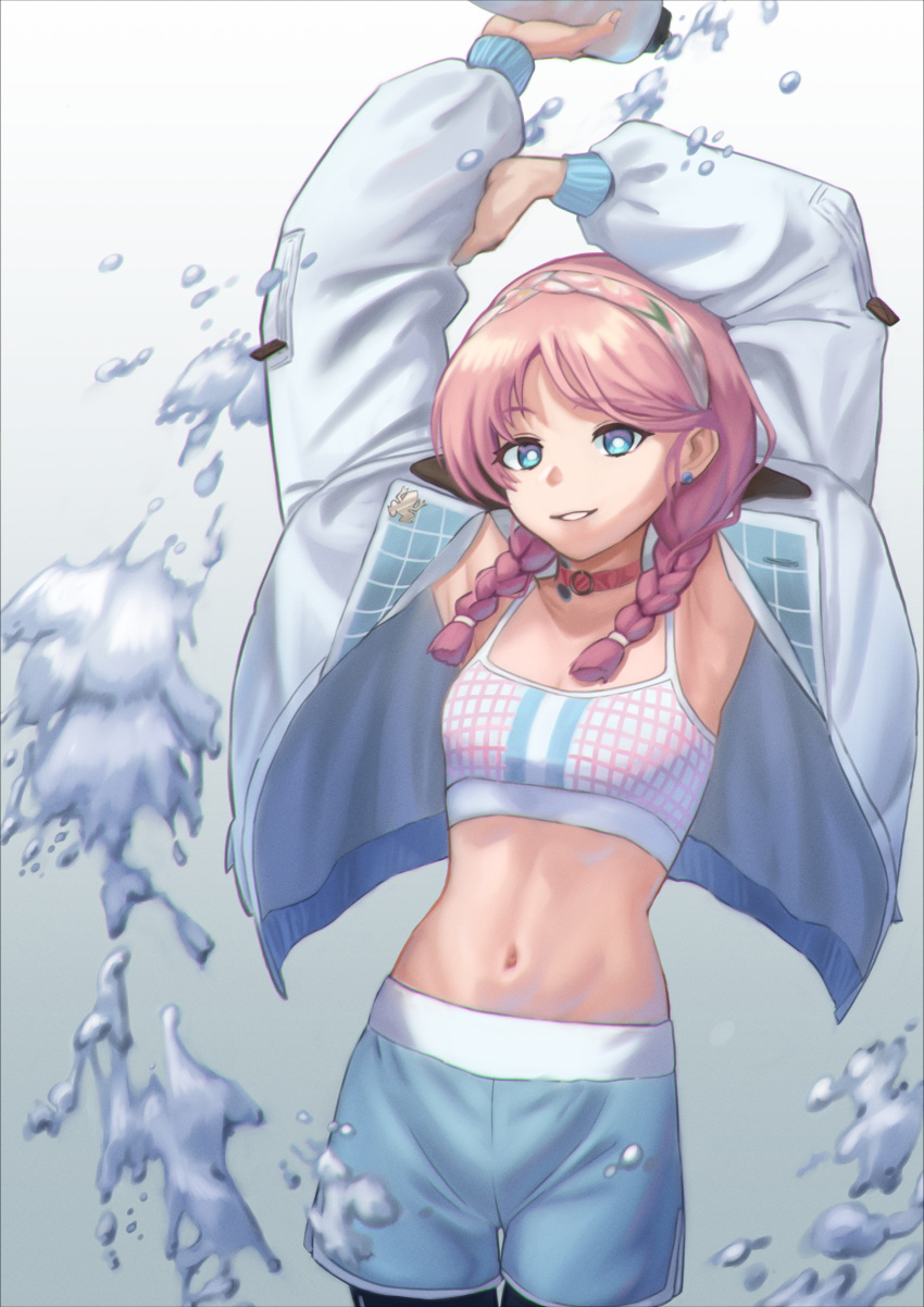 1girl absurdres arknights armpits arms_up bangs blue_eyes blue_poison_(arknights) blue_poison_(shoal_beat)_(arknights) blue_shorts braid commentary_request cowboy_shot crop_top earrings grin hairband highres holding jacket jewelry long_hair long_sleeves looking_at_viewer midriff navel off_shoulder open_clothes open_jacket pink_hair shirahari shorts smile solo spaghetti_strap sports_bra standing stomach twin_braids white_jacket