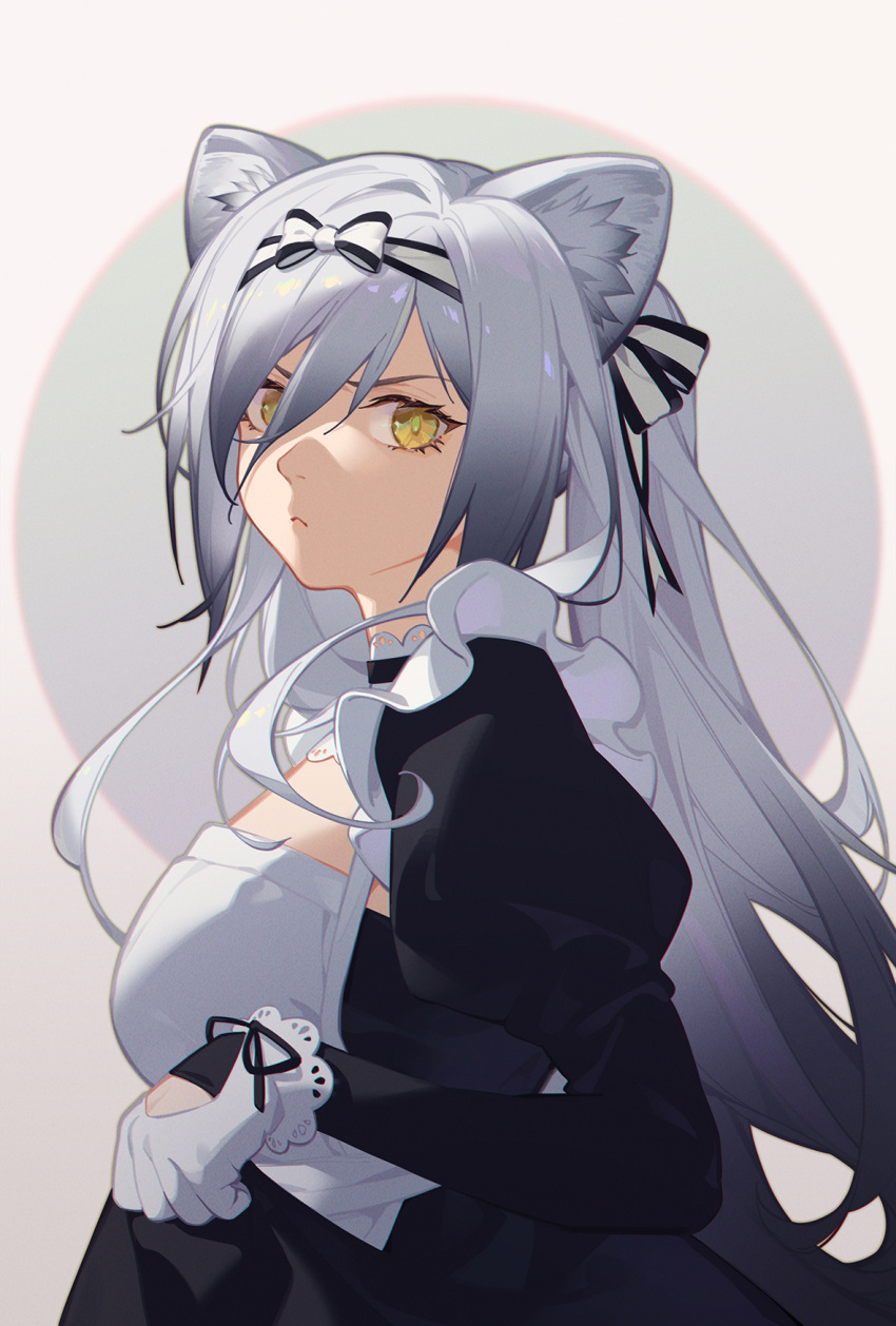 1girl :&lt; animal_ear_fluff animal_ears apron arknights black_dress bow breasts cat_ears chinese_commentary closed_mouth commentary_request detached_collar dress endlessdarkness from_side gloves hair_bow hair_over_one_eye hairband highres juliet_sleeves large_breasts long_hair long_sleeves looking_at_viewer looking_to_the_side official_alternate_costume official_alternate_hairstyle puffy_sleeves schwarz_(arknights) silver_hair skirt_hold solo twintails two-tone_background two-tone_hairband upper_body white_apron white_bow white_gloves yellow_eyes
