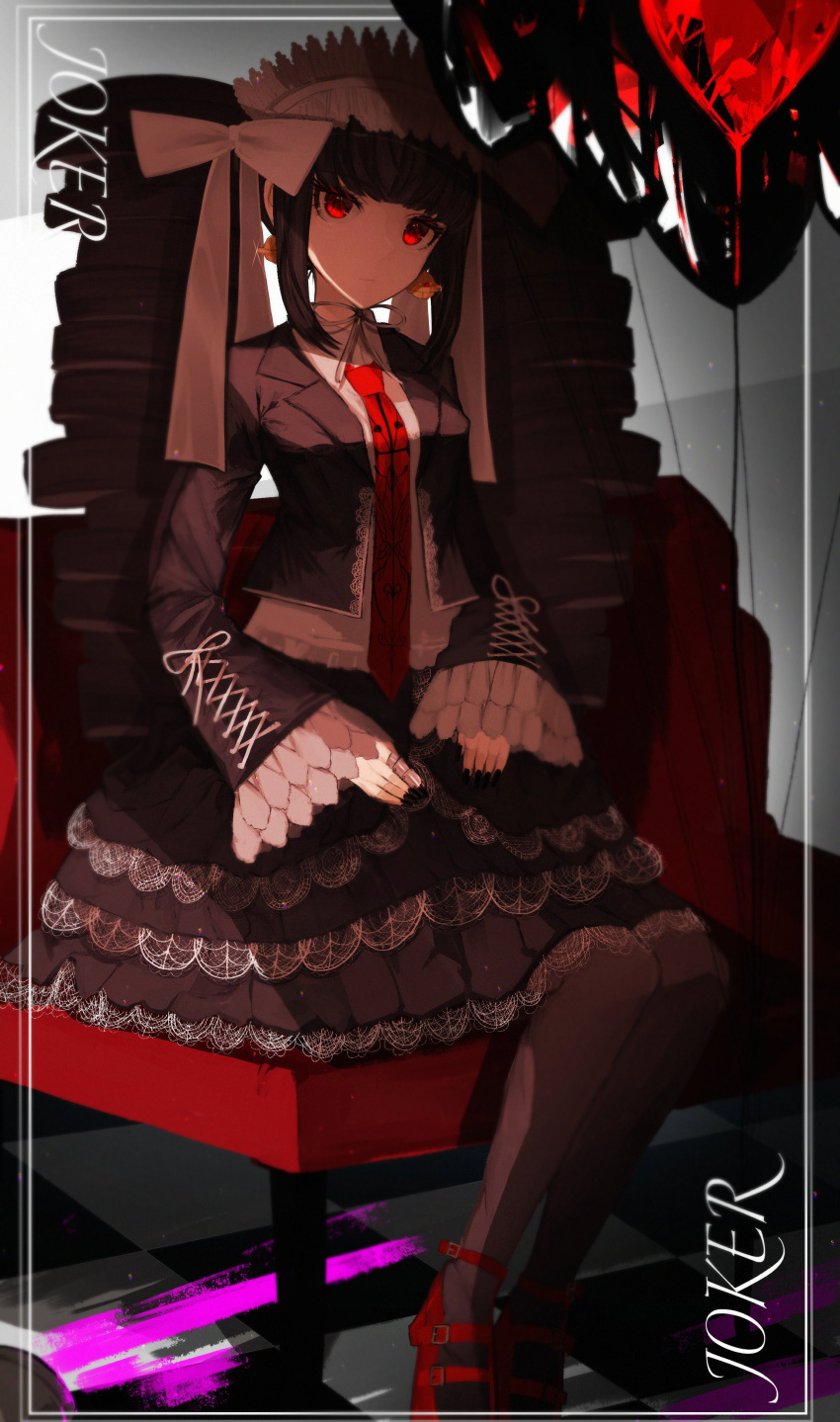1girl 5_106y absurdres bangs black_hair black_nails blood bonnet card celestia_ludenberg chair checkered_floor claw_ring danganronpa:_trigger_happy_havoc danganronpa_(series) drill_hair earrings frills gothic_lolita highres jewelry joker_(card) lace-trimmed_skirt lace_trim layered_skirt lolita_fashion long_hair long_sleeves looking_at_viewer nail_polish necktie pink_blood playing_card red_eyes sitting skirt smile solo twin_drills twintails