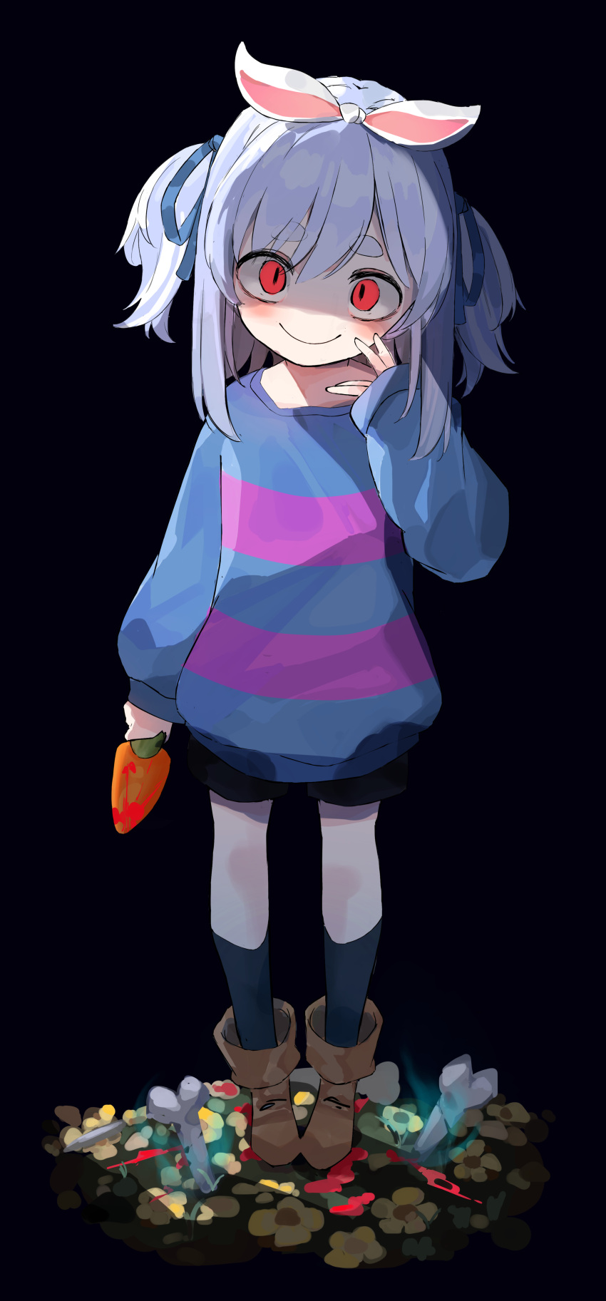 1girl absurdres bangs black_shorts blue_hair blue_ribbon blue_shirt blush boots brown_footwear carrot closed_mouth commentary_request cosplay eyebrows_visible_through_hair food frisk_(undertale) frisk_(undertale)_(cosplay) hair_ribbon highres holding holding_food holding_vegetable hololive kneehighs long_sleeves looking_at_viewer medium_hair red_eyes ribbon sans shirt short_hair shorts sleeves_past_wrists smile solo striped striped_shirt thick_eyebrows two_side_up undertale usada_pekora utacha vegetable virtual_youtuber