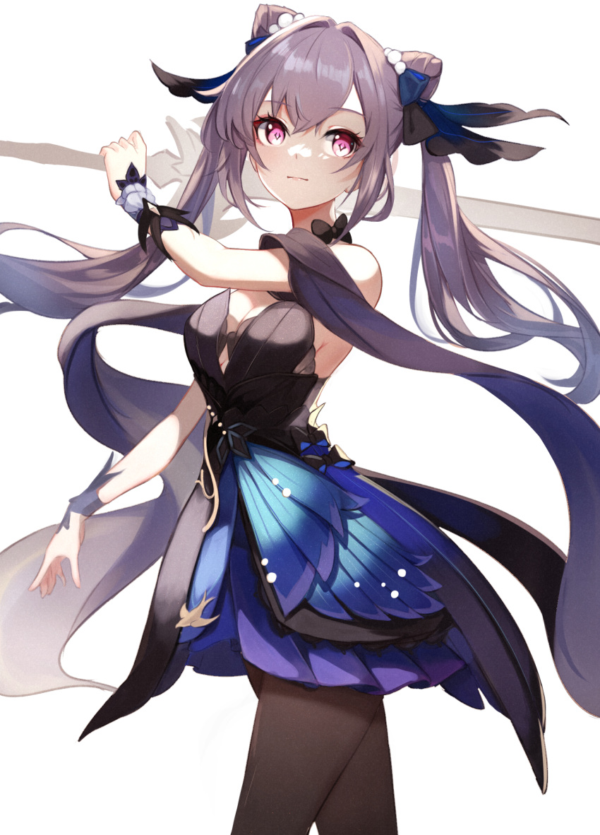 1girl bangs bare_shoulders black_dress black_legwear blue_dress bow_choker commentary_request detached_sleeves diamond-shaped_pupils diamond_(shape) dress genshin_impact hair_cones hair_intakes hair_ornament highres keqing_(genshin_impact) keqing_(opulent_splendor)_(genshin_impact) long_hair lumo_1121 official_alternate_costume pantyhose purple_hair simple_background solo standing strapless strapless_dress symbol-shaped_pupils twintails two-tone_dress violet_eyes white_background wrist_cuffs