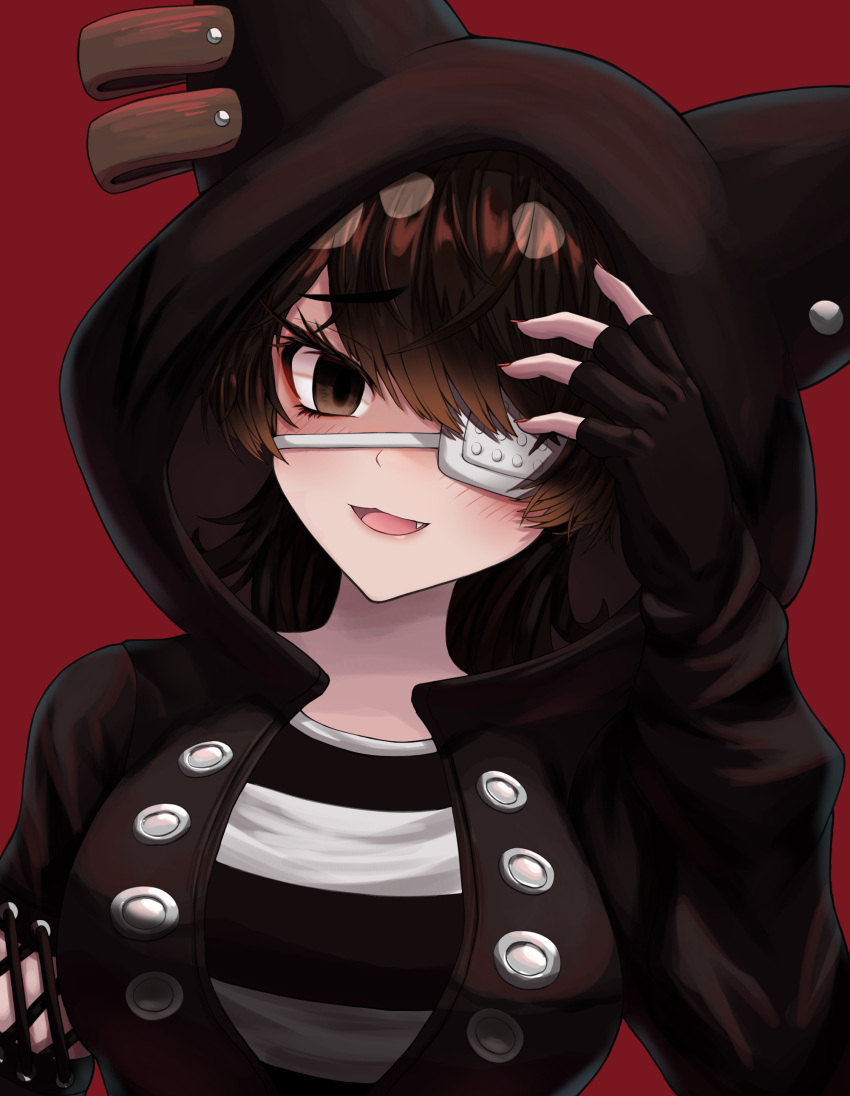 1girl absurdres australian_devil_(kemono_friends) black_gloves blush breasts brown_eyes brown_hair eyebrows_visible_through_hair eyepatch fang fingerless_gloves gloves highres kemono_friends large_breasts looking_at_viewer neukkom open_mouth red_background red_nails short_hair simple_background smile solo
