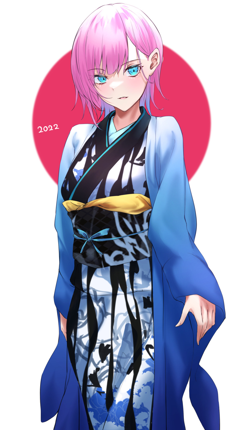 1girl 2022 absurdres bangs blue_eyes commentary_request eyebrows_visible_through_hair floral_print highres japanese_clothes kimono long_sleeves nijisanji obi open_clothes parted_lips pink_hair print_kimono red_background sash sleeves_past_wrists solo two-tone_background virtual_youtuber white_background white_kimono wide_sleeves yuki_maccha_(yukimattya10) yuuhi_riri