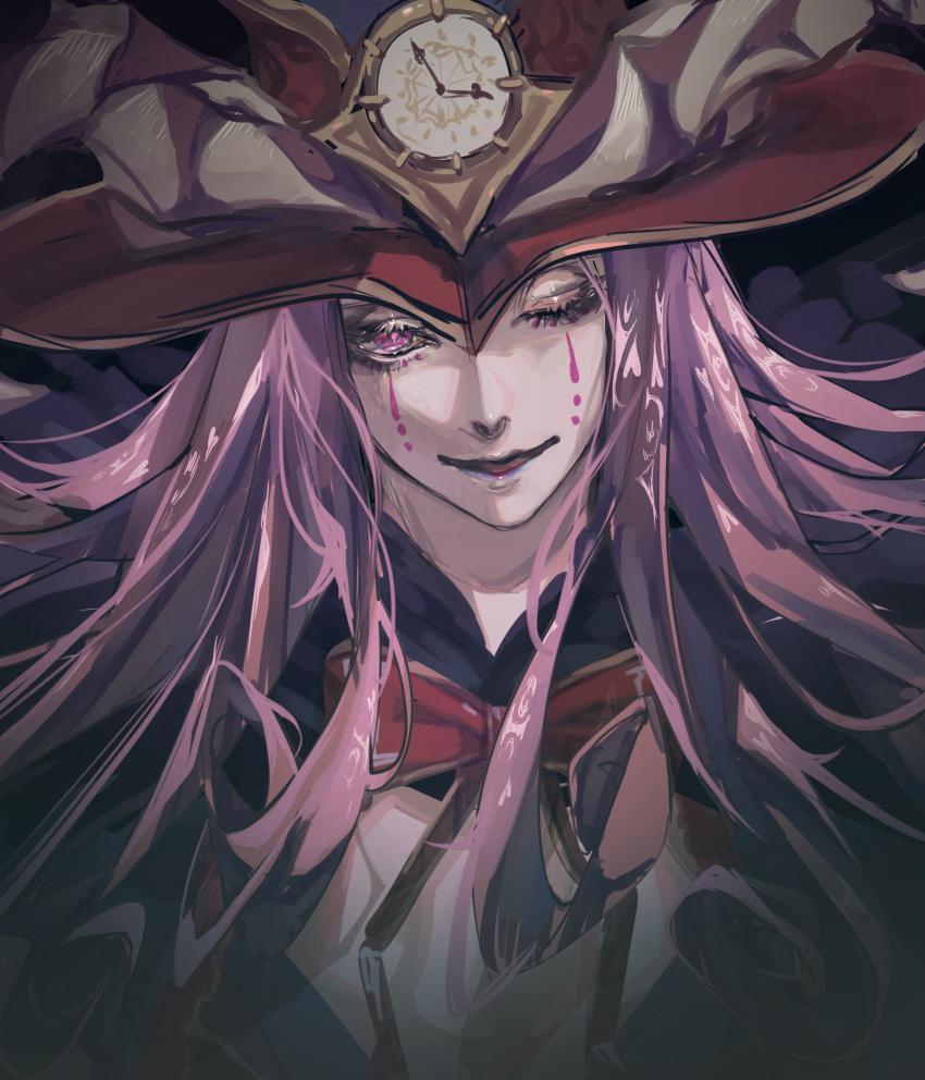 1boy absurdres blue_eyes cape center_opening colored_skin curly_hair cuso4_suiwabutu fate/grand_order fate_(series) fur-trimmed_cape fur_collar fur_trim hat headpiece highres horns long_hair makeup male_focus medium_hair mephistopheles_(fate) purple_hair solo teardrop thick_eyebrows violet_eyes white_skin