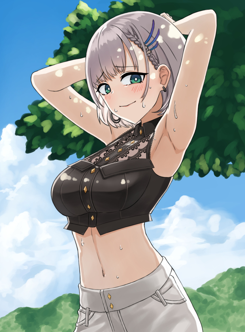 1girl armpits arms_behind_head arms_up bangs black_shirt blue_sky blush braid crop_top cropped_shirt eyebrows_visible_through_hair french_braid green_eyes grey_hair grey_pants hair_ornament highres hololive hololive_indonesia hot lace modagitbi navel official_alternate_costume official_alternate_hairstyle outdoors pants pavolia_reine shadow shirt short_hair single_braid sky stomach summer sweat tree virtual_youtuber