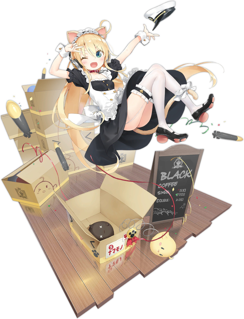 1girl ahoge albacore_(a_catty_surprise!)_(azur_lane) albacore_(azur_lane) animal_ears arms_up azur_lane bangs between_legs black_dress black_footwear black_hairband blonde_hair blue_eyes blush bow box breasts cardboard_box cat_ears cat_girl cat_tail chestnut_mouth closed_eyes collar dress eyebrows_visible_through_hair frilled_hairband frilled_legwear frills full_body garter_straps hair_between_eyes hairband hat hat_removed headwear_removed highres kani_biimu long_hair official_alternate_costume official_art one_eye_closed peaked_cap puffy_short_sleeves puffy_sleeves red_collar shoes short_sleeves small_breasts smile tail tail_between_legs tail_bow tail_ornament thigh-highs torpedo transparent_background very_long_hair white_bow white_headwear white_legwear wrist_cuffs