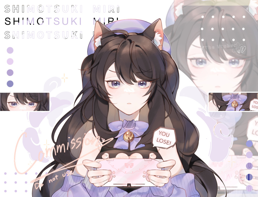 1girl animal_ear_fluff animal_ears bell beret bow breasts brown_hair cat_ears cleavage_cutout clothing_cutout commission eyebrows_visible_through_hair handheld_game_console hat heart_cutout highres holding holding_handheld_game_console indie_virtual_youtuber long_hair medium_breasts neonchuan nintendo_switch off_shoulder purple_bow purple_headwear purple_sweater shimotsuki_miri solo sweater v-shaped_eyebrows violet_eyes virtual_youtuber