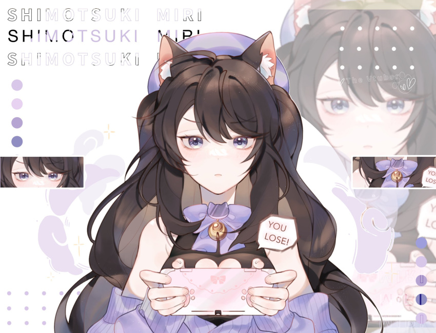1girl animal_ear_fluff animal_ears bell beret bow breasts brown_hair cat_ears cleavage_cutout clothing_cutout commission english_commentary eyebrows_visible_through_hair handheld_game_console hat heart_cutout highres holding holding_handheld_game_console indie_virtual_youtuber long_hair medium_breasts neonchuan nintendo_switch off_shoulder purple_bow purple_headwear purple_sweater second-party_source shimotsuki_miri solo sweater v-shaped_eyebrows violet_eyes virtual_youtuber