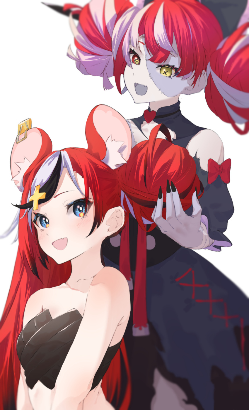 2girls alternate_hairstyle animal_ear_fluff animal_ears azusa_(azunyan12) bare_shoulders black_bow black_dress black_tube_top blue_eyes bow choker colored_skin double_bun dress fang grey_skin hair_bow hair_bun hairdressing hakos_baelz heart heart_choker highres hololive hololive_english hololive_indonesia kureiji_ollie long_hair mouse_ears mouse_girl mousetrap multicolored_eyes multicolored_hair multiple_girls red_bow red_eyes redhead skin_fang stitched_arm stitched_face stitched_torso stitches strapless sword sword_in_head symbol-shaped_pupils torn_clothes tube_top very_long_hair weapon white_hair yellow_eyes zombie