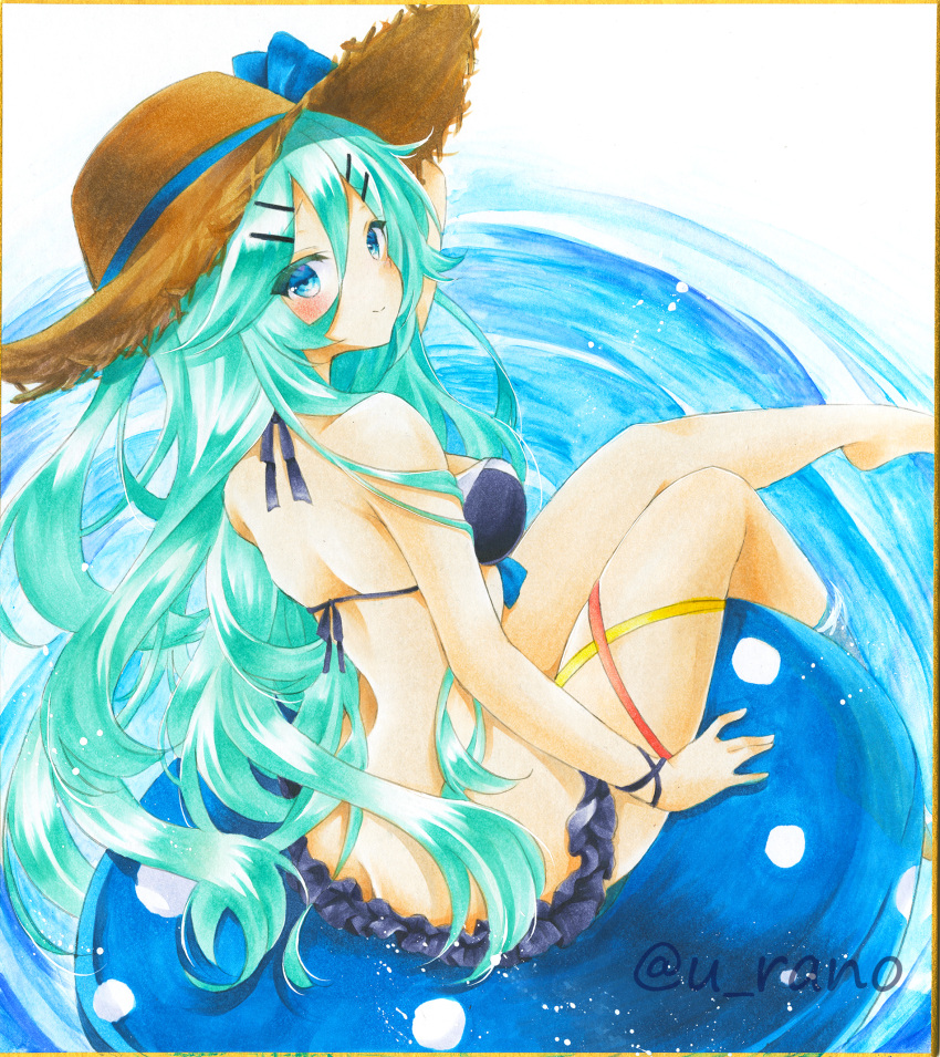 1girl armlet bangs bare_legs barefoot bikini commentary_request green_hair hair_between_eyes hair_flaps hair_ornament hairclip hat highres innertube kantai_collection long_hair looking_at_viewer looking_back marker_(medium) parted_bangs ponytail rano_(u_rano) ribbon sidelocks sitting smile solo straw_hat swimsuit traditional_media yamakaze_(kancolle)