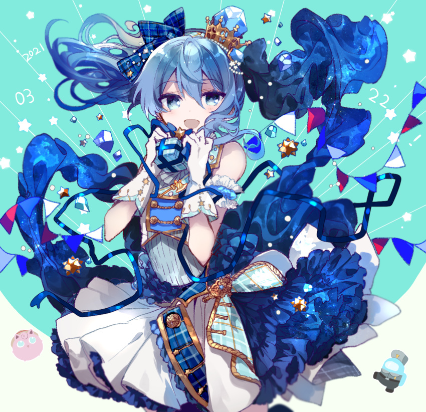 1girl among_us bangs blue_eyes blue_hair blue_ribbon commentary crewmate_(among_us) crown cyawa dated dress gift gloves green_background hair_between_eyes hair_ribbon happy highres holding holding_gift hololive hoshimachi_suisei layered_skirt looking_at_viewer medium_hair mini_crown open_mouth plaid plaid_ribbon ribbon side_ponytail simple_background skirt sleeveless sleeveless_dress smile solo star_(symbol) star_in_eye string_of_flags symbol_in_eye wavy_hair white_background white_dress white_gloves
