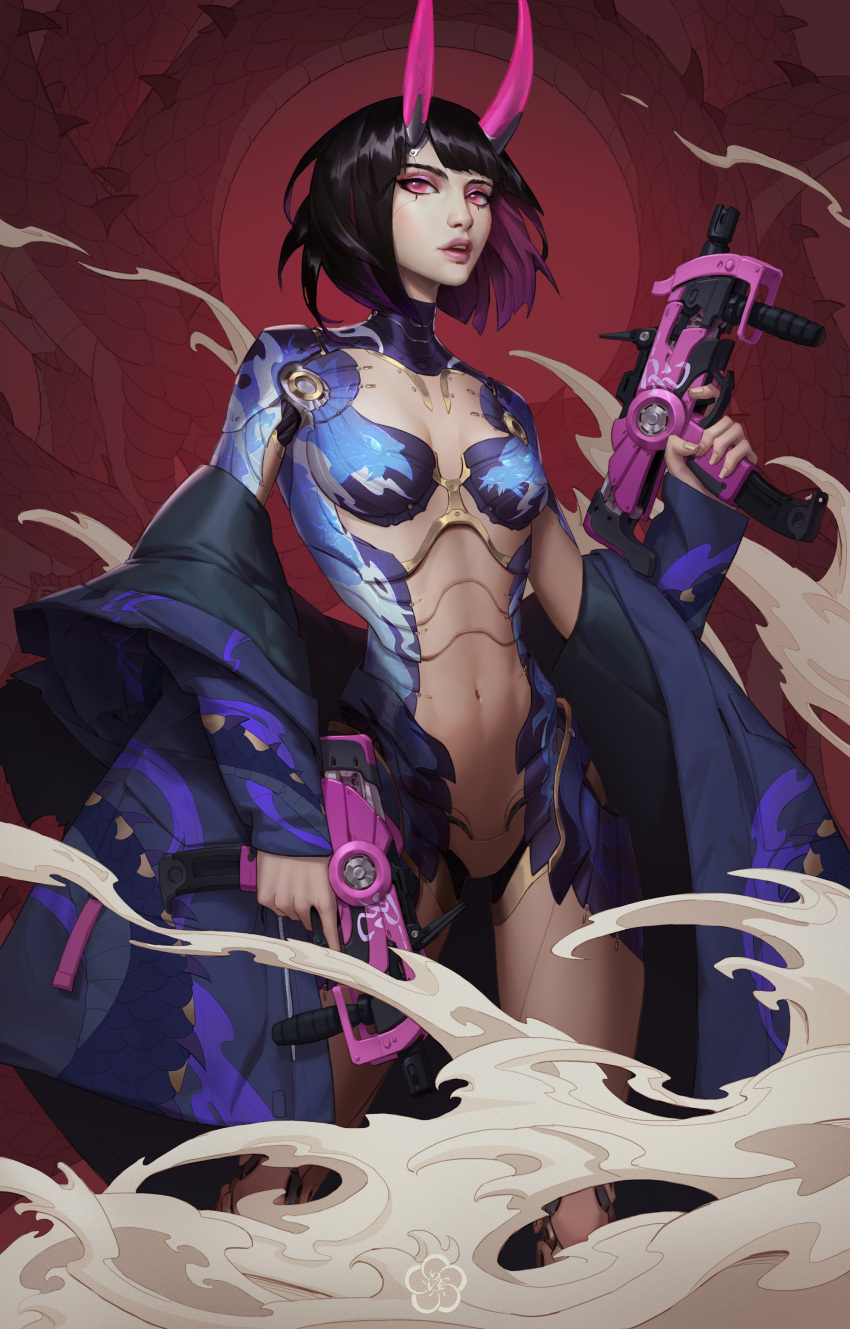 1girl absurdres alternate_universe android bangs black_hair breasts colored_inner_hair cyberpunk dual_wielding english_commentary eyeshadow fate/grand_order fate_(series) finger_on_trigger foregrip gun highres holding holding_gun holding_weapon horns makeup mechanical_horns mechanization metal_skin multicolored_hair navel oni_horns open_mouth pink_eyes purple_eyeshadow purple_hair short_hair shuten_douji_(fate) small_breasts smoke solo submachine_gun trigger_discipline weapon wushenyou