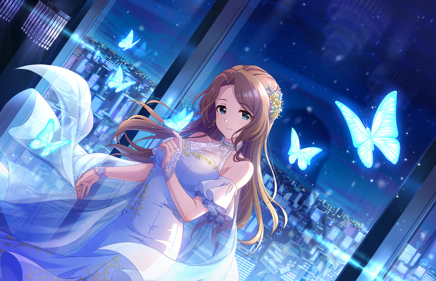 blue_eyes blush brown_hair dress idolmaster_cinderella_girls_starlight_stage kishibe_ayaka long_hair smile