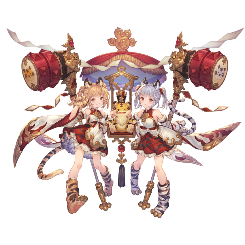 2girls alpha_transparency animal_ears animal_hands bangs blonde_hair blush cindala dress erune full_body gloves granblue_fantasy looking_at_viewer minaba_hideo multiple_girls official_art open_mouth paw_shoes smile tail tiger tiger_cub tiger_ears tiger_girl tiger_paws tiger_tail transparent_background twintails wide_sleeves