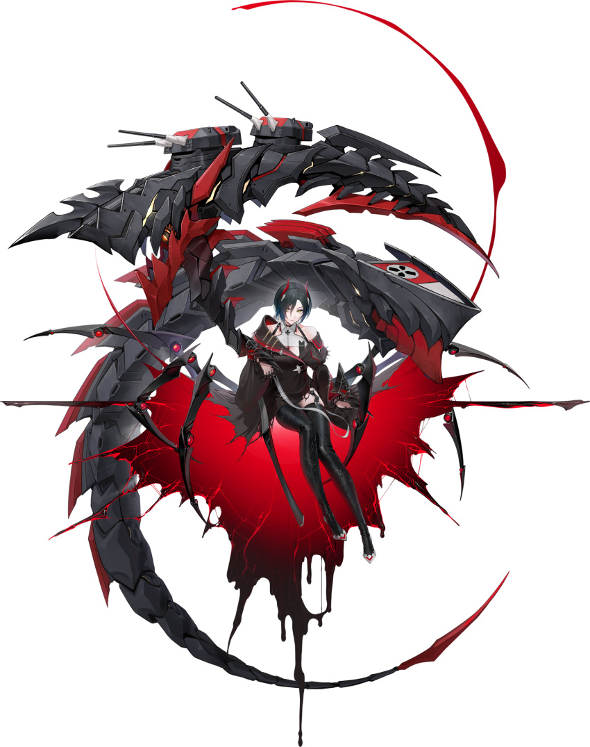 1girl azur_lane bare_shoulders black_footwear black_hair black_jacket boots cross full_body highres horns iron_cross jacket looking_at_viewer mechanical_animal official_art ohisashiburi red_horns rigging scythe short_hair solo thigh-highs thigh_boots transparent_background ulrich_von_hutten_(azur_lane) yellow_eyes
