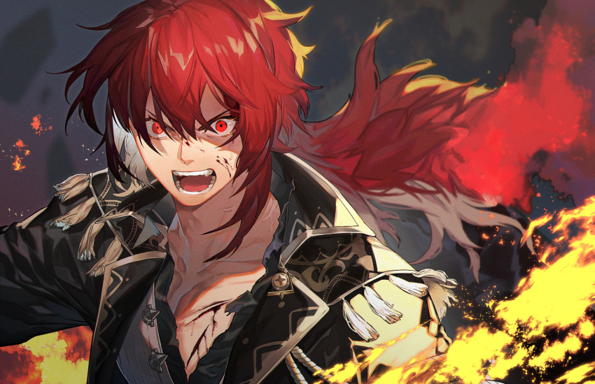 1boy abstract_background angry bangs black_jacket blood blood_on_chest blood_on_face commentary_request diluc_(genshin_impact) fire genshin_impact grey_background hair_between_eyes highres jacket long_hair male_focus open_clothes open_shirt red_eyes redhead shouting solo tassel teeth tsunami_(sorudora) upper_body