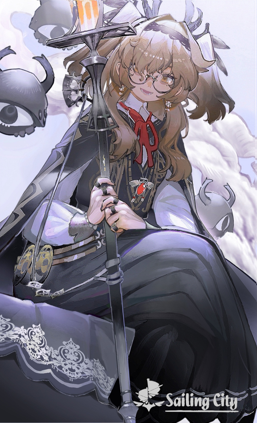 1girl black_cape black_dress black_hairband brown_eyes brown_hair cape clouds commentary dress english_text floating_eye glasses hairband highres holding holding_staff jewelry long_hair long_sleeves looking_at_viewer mole mole_under_eye multiple_rings neck_ribbon noco_(pixiv14976070) open_mouth original red_ribbon ribbon ring smile solo staff white_sleeves