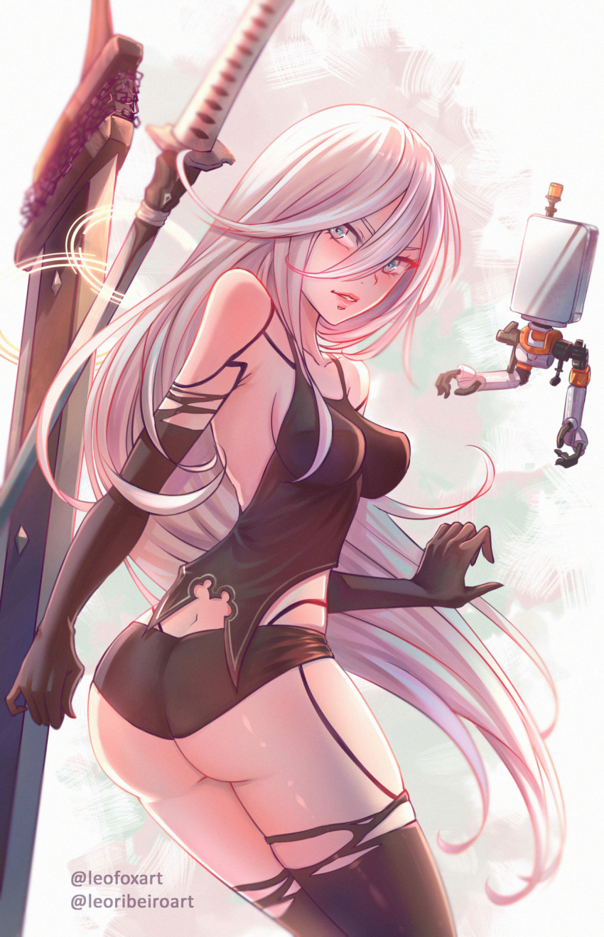 1girl android armlet ass bare_shoulders black_gloves black_legwear black_shorts black_tank_top blue_eyes breasts collarbone elbow_gloves gloves highres impossible_clothes joints leofoxart long_hair nier_(series) nier_automata parted_lips pod_(nier_automata) robot_joints short_shorts shorts tank_top thigh-highs twitter_username very_long_hair virtuous_contract white_hair yorha_type_a_no._2