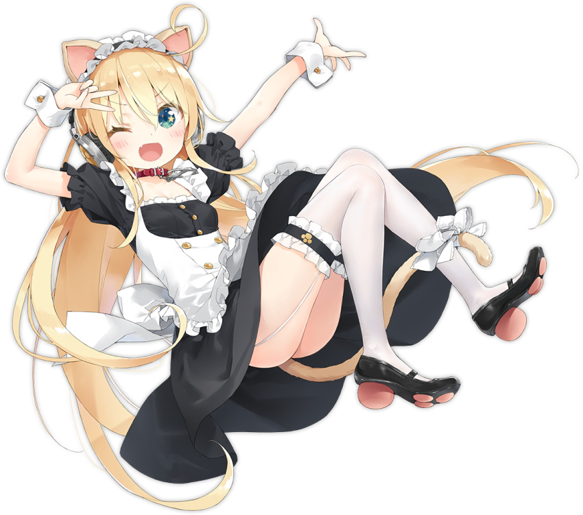 1girl ahoge albacore_(a_catty_surprise!)_(azur_lane) albacore_(azur_lane) animal_ears arms_up azur_lane bangs between_legs black_dress black_footwear black_hairband blonde_hair blue_eyes blush bow breasts cat_ears cat_girl cat_tail chestnut_mouth closed_eyes collar dress eyebrows_visible_through_hair frilled_hairband frilled_legwear frills full_body garter_straps hair_between_eyes hairband headwear_removed kani_biimu long_hair official_alternate_costume official_art one_eye_closed puffy_short_sleeves puffy_sleeves red_collar shoes short_sleeves small_breasts smile tail tail_between_legs tail_bow tail_ornament thigh-highs transparent_background very_long_hair white_bow white_headwear white_legwear wrist_cuffs