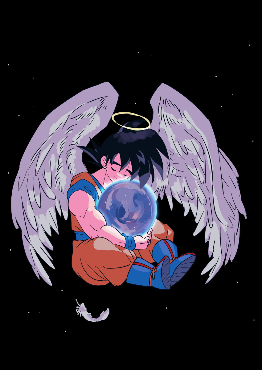 1boy absurdres angel_wings ankle_boots black_hair blue_footwear blue_sash blue_wristband boots closed_eyes closed_mouth dark_background dot_nose dougi dragon_ball dragon_ball_super dragon_ball_z feathered_wings feathers fingernails floating full_body glowing halo happy head_tilt highres kodama_(marugoto_omikan) light_smile male_focus muscular obi object_hug sash short_sleeves simple_background son_goku sparkle spiky_hair symbol-only_commentary white_wings wings wristband